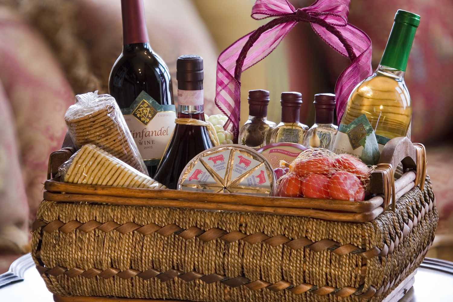 A Festively Wrapped Gift Basket with European Flair